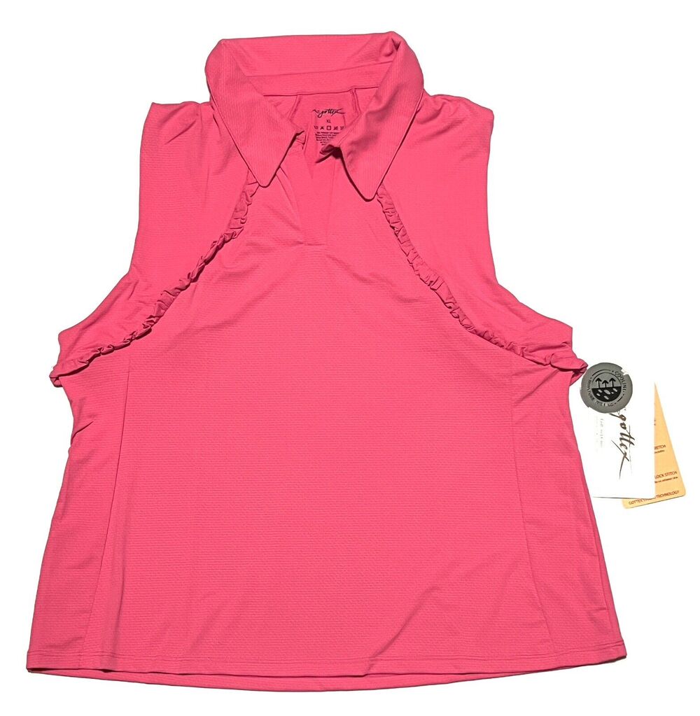 Gottex Size XL Sleeveless Ruffle Golf Tank Top Shirt Collar Hot Pink STRAWBERRY